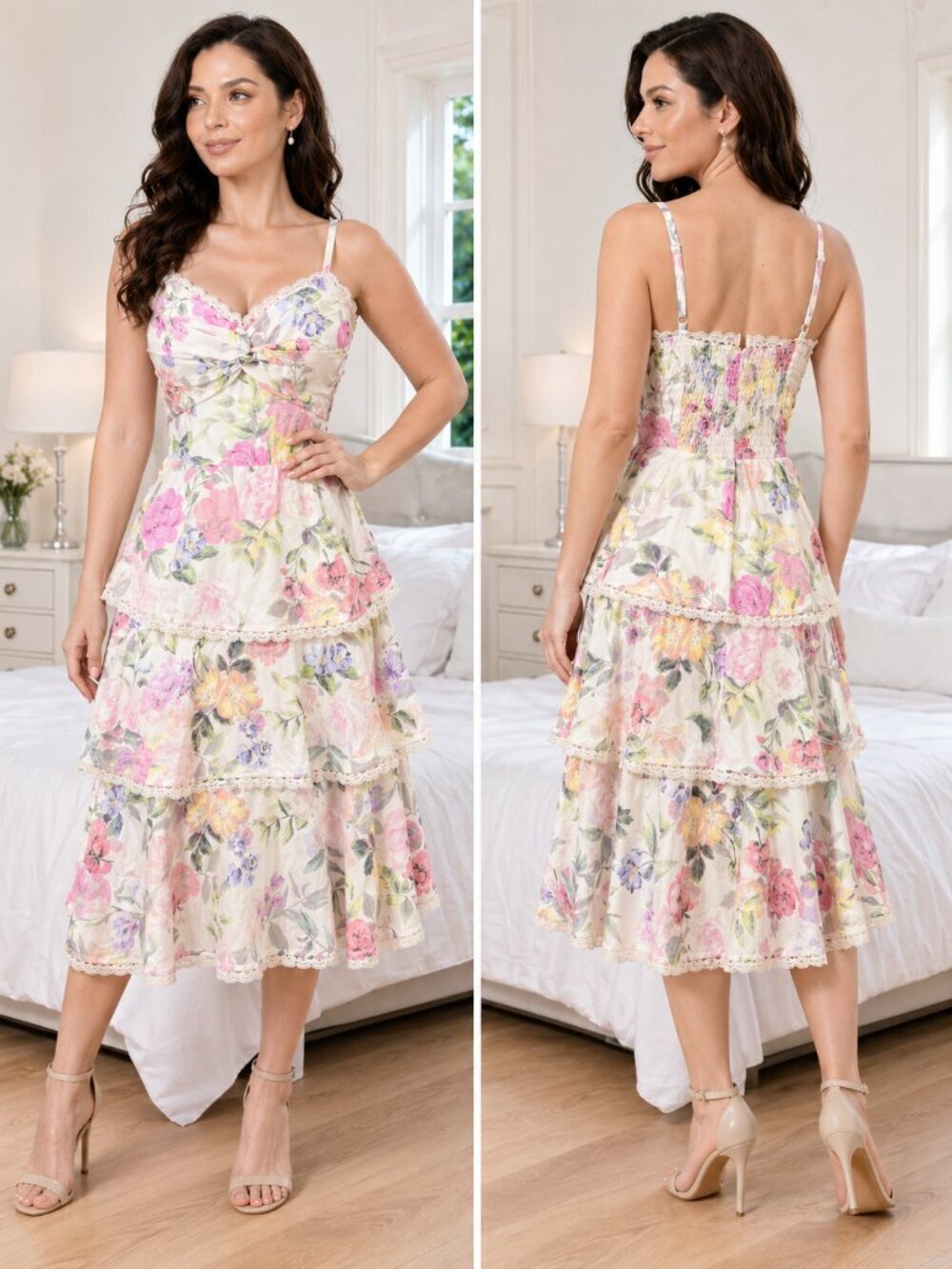 NWT Marchesa Notte Blouson Tiered Floral Midi Gown $695